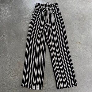 H&M High Waist Striped Paperbag Trousers Tie Belt Size 2